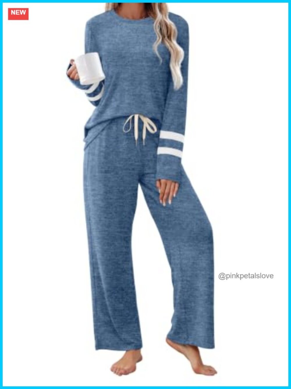 Women's 2-Piece Pajama Set Long Sleeve Crewneck Wide-Leg Lounge PJs Comfy Knit
